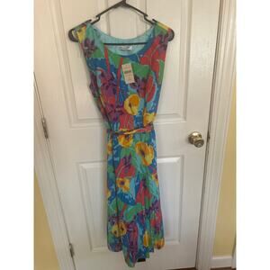 COLDWATER CREEK Cotton Floral Print Sleeveless  Belt Midi‎  Dress Size-14 NWT